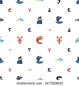 los iconos oceánicos son un patrón sin fisuras. Incluido el buceo plano editable, camarones, anguilas, atún, langosta, mariscos, pesca, aleta de tiburón, íconos de perca. iconos oceánicos para web y móvil.