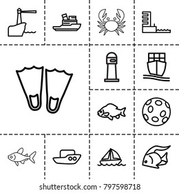 Ocean icons. set of 13 editable outline ocean icons such as fish, boat, flippers, cargo ship, harbor, lighthouse, extinct sea creature
