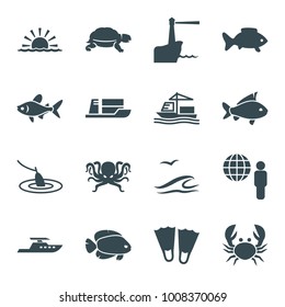 Ocean icons. set of 16 editable filled ocean icons such as turtle, flippers, fish, cargo ship, globe and man, lighthouse, sea and gull, fishing, octopus, crab, boat, ship