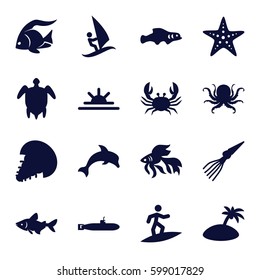 ocean icons set. Set of 16 ocean filled icons such as fish, octopus, crab, sun rise, turtle  illsutration, starfish, island, surfing, dolphin, extinct sea creature