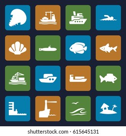 Ocean icons set. set of 16 ocean filled icons such as fish, boat, cargo ship, harbor, home on island, swimmer, lighthouse, sea and gull, shell, extinct sea creature, submarine