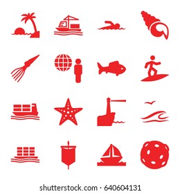 Ocean icons set. set of 16 ocean filled icons such as cargo ship, boat, fish, starfish, swimmer, island, lighthouse, sea and gull, shell, surfing, extinct sea creature, sail