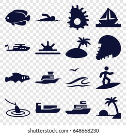 Ocean icons set. set of 16 ocean filled icons such as fish, boat, sun rise, ship, swimmer, island, sea and gull, surfing, fishing, extinct sea creature