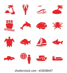 Ocean icons set. set of 16 ocean filled icons such as octopus, fish, crab, boat, cargo ship, turtle  illsutration, island, sailboat, sea and gull, dolphin, extinct fish