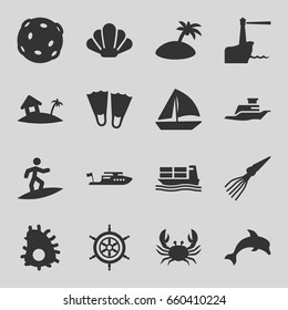 Ocean icons set. set of 16 ocean filled icons such as crab, boat, sailboat, cargo ship, ship, home on island, island, helm, lighthouse, shell, surfing, dolphin