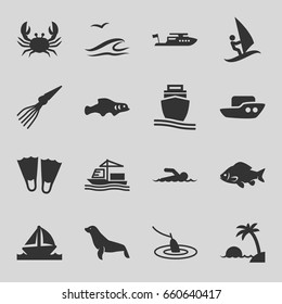 Ocean icons set. set of 16 ocean filled icons such as fish, crab, seal, boat, cargo ship, swimmer, island, sea and gull, surfing, fishing, extinct sea creature, extinct fish