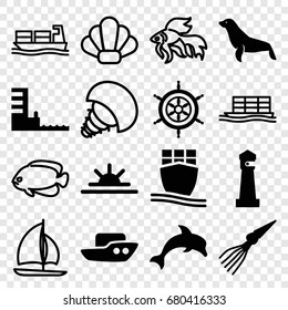 Ocean icons set. set of 16 ocean filled and outline icons such as seal, lighthouse, boat, sun rise, cargo ship, harbor, helm, dolphin, extinct sea creature, fish, shell