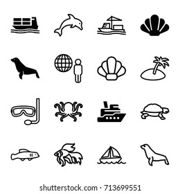 Ocean icons set. set of 16 ocean filled and outline icons such as seal, cargo ship, shell, octopus, fish, turtle, boat, island, aqualung, dolphin, extinct fish, ship