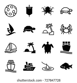 Ocean icons set. set of 16 ocean filled and outline icons such as octopus, fish, turtle, cargo ship, turtle  illsutration, island, surfing, sail, crab, sailboat, fishing