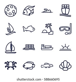 ocean icons set. Set of 16 ocean outline icons such as fish, octopus, sun rise, cargo ship, swimmer, island, aqualung, shell, surfing, extinct sea creature, extinct fish