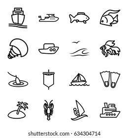 Ocean icons set. set of 16 ocean outline icons such as fish, crab, boat, cargo ship, island, sea and gull, surfing, fishing, extinct sea creature, sail, ship
