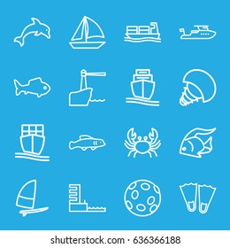 Ocean icons set. set of 16 ocean outline icons such as fish, crab, boat, cargo ship, harbor, lighthouse, dolphin, extinct sea creature, extinct fish, windsurfing, sailboat