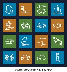 Ocean icons set. set of 16 ocean outline icons such as fish, crab, turtle, lighthouse, boat, harbor, shell, surfing, extinct sea creature, sailboat