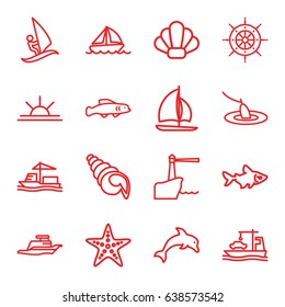 Ocean icons set. set of 16 ocean outline icons such as fish, sun rise, cargo ship, ship, boat, starfish, helm, lighthouse, shell, surfing, fishing, dolphin, extinct fish