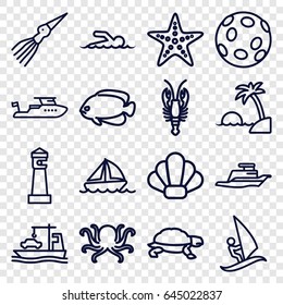 Ocean icons set. set of 16 ocean outline icons such as octopus, crab, fish, turtle, lighthouse, boat, cargo ship, ship, starfish, swimmer, island, shell, surfing