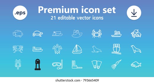 Ocean icons. set of 21 editable outline ocean icons includes fish, crab, turtle, seal, ship, sailboat, flippers, cargo ship, harbor, turtle  illsutration, aqualung, boat