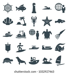 Ocean icons. set of 25 editable filled ocean icons such as fish, turtle, seal, lighthouse, ship, cargo ship, globe and man, home on island, windsurfing, turtle  illsutration