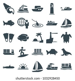 Ocean icons. set of 25 editable filled ocean icons such as fish, boat, flippers, cargo ship, turtle  illsutration, island, sailboat, lighthouse, shell, surfing, fishing