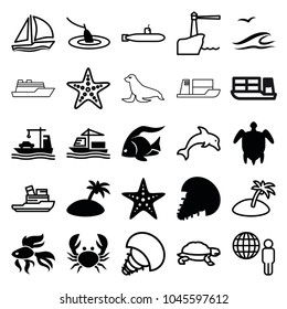 Ocean icons. set of 25 editable filled and outline ocean icons such as fish, cargo ship, turtle  illsutration, starfish, island, sea and gull, fishing, extinct sea creature