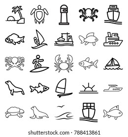 Ocean icons. set of 25 editable outline ocean icons such as octopus, fish, seal, ship, sun rise, cargo ship, boat, windsurfing, turtle  illsutration, island, sea and gull