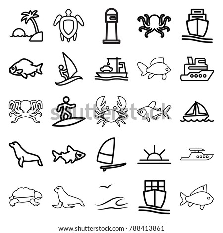 Ocean icons. set of 25 editable outline ocean icons such as octopus, fish, seal, ship, sun rise, cargo ship, boat, windsurfing, turtle  illsutration, island, sea and gull