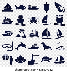 Ocean icons set. set of 25 ocean filled icons such as octopus, turtle, seal, boat, cargo ship, fish, sailboat, windsurfing, island, aqualung, lighthouse, sea and gull, shell