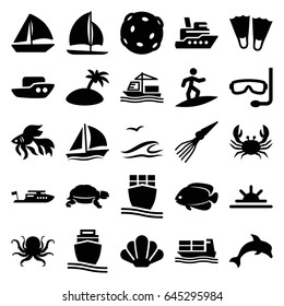 Ocean icons set. set of 25 ocean filled icons such as octopus, crab, fish, turtle, boat, sailboat, sun rise, cargo ship, island, aqualung, sea and gull, shell, surfing