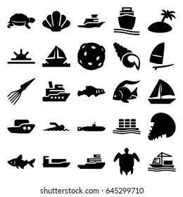 Ocean icons set. set of 25 ocean filled icons such as fish, turtle, boat, sailboat, sun rise, cargo ship, ship, windsurfing, turtle  illsutration, swimmer, island, shell