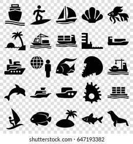 Ocean icons set. set of 25 ocean filled icons such as fish, seal, boat, cargo ship, ship, harbor, island, sailboat, shell, surfing, dolphin, extinct sea creature