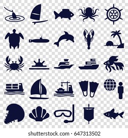 Ocean icons set. set of 25 ocean filled icons such as octopus, crab, fish, sun rise, cargo ship, ship, sailboat, windsurfing, turtle  illsutration, island, aqualung, helm