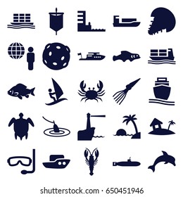 Ocean icons set. set of 25 ocean filled icons such as fish, crab, boat, cargo ship, harbor, home on island, turtle  illsutration, island, aqualung, lighthouse, surfing
