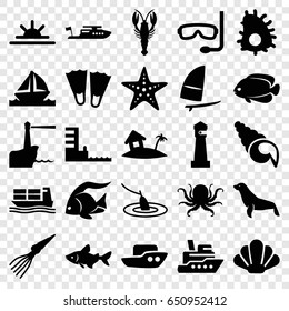 Ocean icons set. set of 25 ocean filled icons such as fish, octopus, crab, seal, lighthouse, boat, sun rise, cargo ship, harbor, home on island, windsurfing, starfish