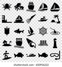 Ocean icons set. set of 25 ocean filled icons such as octopus, fish, lighthouse, boat, sailboat, cargo ship, ship, harbor, home on island, island, aqualung, helm, shell