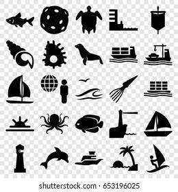Ocean icons set. set of 25 ocean filled icons such as octopus, fish, seal, lighthouse, sailboat, sun rise, cargo ship, ship, harbor, turtle  illsutration, island, sea and gull