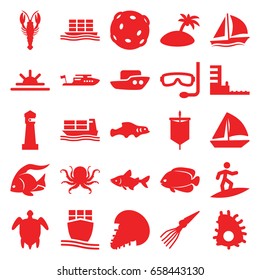 Ocean icons set. set of 25 ocean filled icons such as fish, octopus, crab, lighthouse, boat, sailboat, sun rise, cargo ship, harbor, turtle  illsutration, island, aqualung