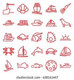 Ocean icons set. set of 25 ocean outline icons such as fish, octopus, turtle, seal, boat, sun rise, cargo ship, ship, sailboat, lighthouse, shell, surfing, dolphin