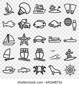 Ocean icons set. set of 25 ocean outline icons such as octopus, fish, turtle, seal, boat, cargo ship, home on island, starfish, helm, sea and gull, surfing