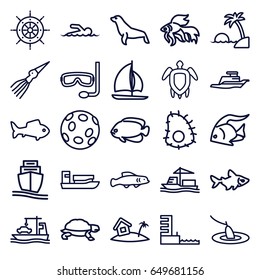 Ocean icons set. set of 25 ocean outline icons such as fish, turtle, seal, cargo ship, ship, harbor, home on island, turtle  illsutration, swimmer, island, aqualung, helm