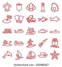 Ocean icons set. set of 25 ocean outline icons such as fish, lighthouse, boat, cargo ship, home on island, turtle  illsutration, starfish, island, sailboat, shell, surfing