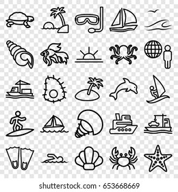 Ocean icons set. set of 25 ocean outline icons such as octopus, crab, fish, turtle, sun rise, cargo ship, boat, starfish, swimmer, island, aqualung, sailboat, sea and gull