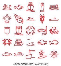 Ocean icons set. set of 25 ocean outline icons such as octopus, fish, crab, lighthouse, boat, cargo ship, home on island, turtle  illsutration, swimmer, aqualung, helm