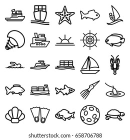 Ocean icons set. set of 25 ocean outline icons such as fish, crab, turtle, sun rise, cargo ship, ship, starfish, swimmer, helm, shell, surfing, fishing, boat