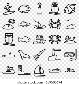 Ocean icons set. set of 25 ocean outline icons such as fish, octopus, crab, seal, lighthouse, boat, cargo ship, harbor, home on island, swimmer, island, aqualung, sea and gull