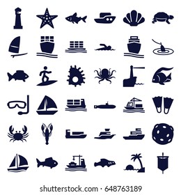 Ocean icons set. set of 36 ocean filled icons such as fish, octopus, crab, turtle, lighthouse, boat, sailboat, cargo ship, ship, windsurfing, starfish, swimmer, island