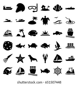 Ocean icons set. set of 36 ocean filled icons such as fish, crab, seal, boat, sailboat, sun rise, cargo ship, home on island, turtle  illsutration, starfish, swimmer, island