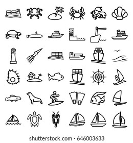 Ocean icons set. set of 36 ocean outline icons such as fish, octopus, crab, turtle, seal, lighthouse, cargo ship, ship, boat, harbor, home on island, turtle  illsutration