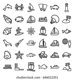 Ocean icons set. set of 36 ocean outline icons such as fish, crab, turtle, seal, lighthouse, boat, cargo ship, harbor, starfish, island, helm, sailboat, shell, surfing