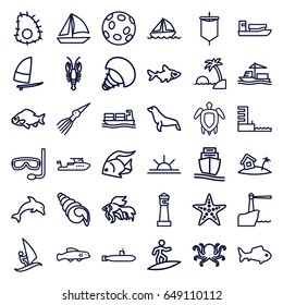 Ocean icons set. set of 36 ocean outline icons such as fish, octopus, crab, seal, lighthouse, boat, sun rise, cargo ship, harbor, home on island, turtle  illsutration