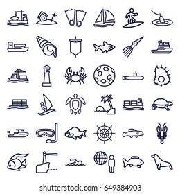 Ocean icons set. set of 36 ocean outline icons such as fish, crab, turtle, seal, lighthouse, boat, cargo ship, home on island, turtle  illsutration, swimmer, island, aqualung