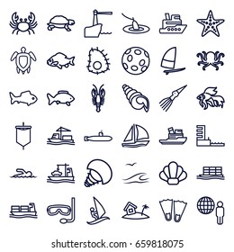 Ocean icons set. set of 36 ocean outline icons such as octopus, fish, crab, turtle, cargo ship, harbor, home on island, turtle  illsutration, starfish, swimmer, aqualung